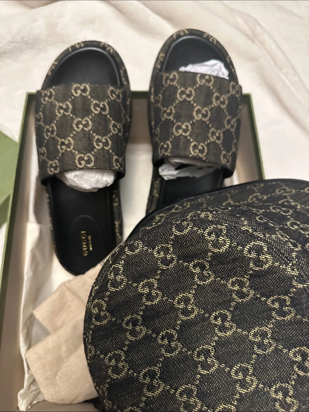 Gucci Black GG Monogram Canvas Slides with Matching Bucket Hat only for photo